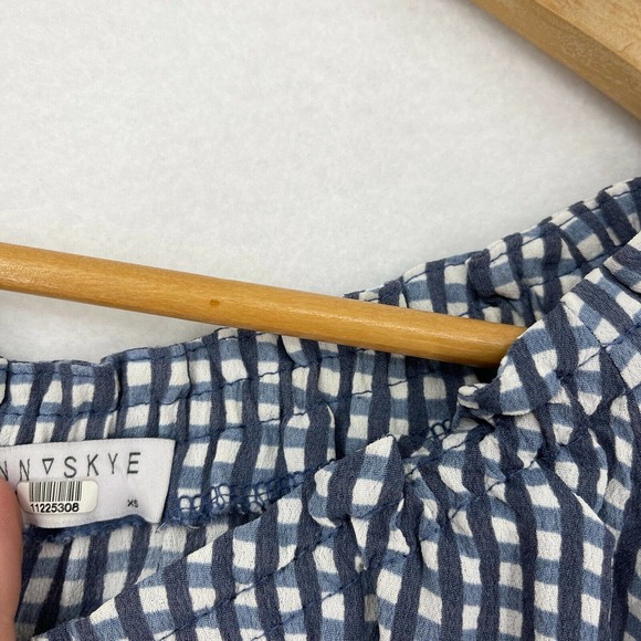 Flynn Skye Bobby Top Women XS Blue Plaid Off The Shoulder Crepe Blouse Shirt - Picture 9 of 11